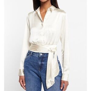 Express Tie Front Banded Bottom Shirt